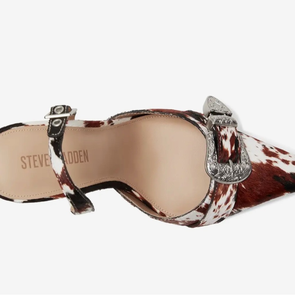 Steve Madden Brown White Cow Print Pointed Slingback Heels with Silver Buckles - Picture 5 of 12